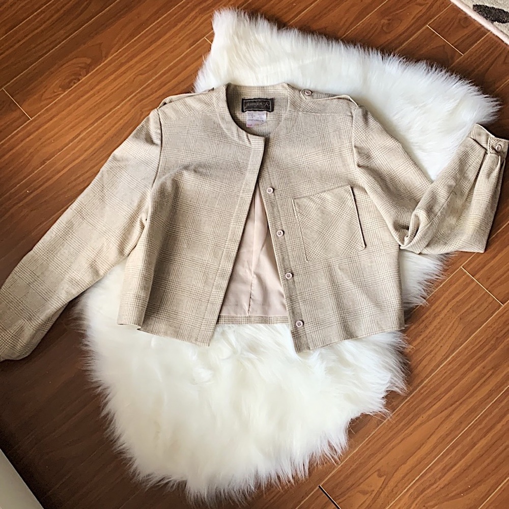 VINTAGE | 100% Wool Blazer Beige Jennifer K. Flannel Plaid Brown Light For Fall